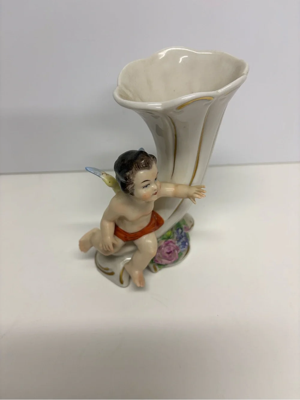 Vintage German Porcelain Cherub Cornucopia Vase Floral Accents